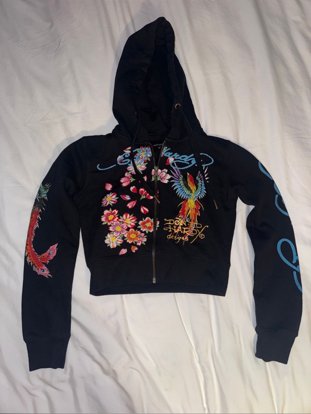 Ed Hardy Black Cropped Zip Hoodie with Colorful Floral